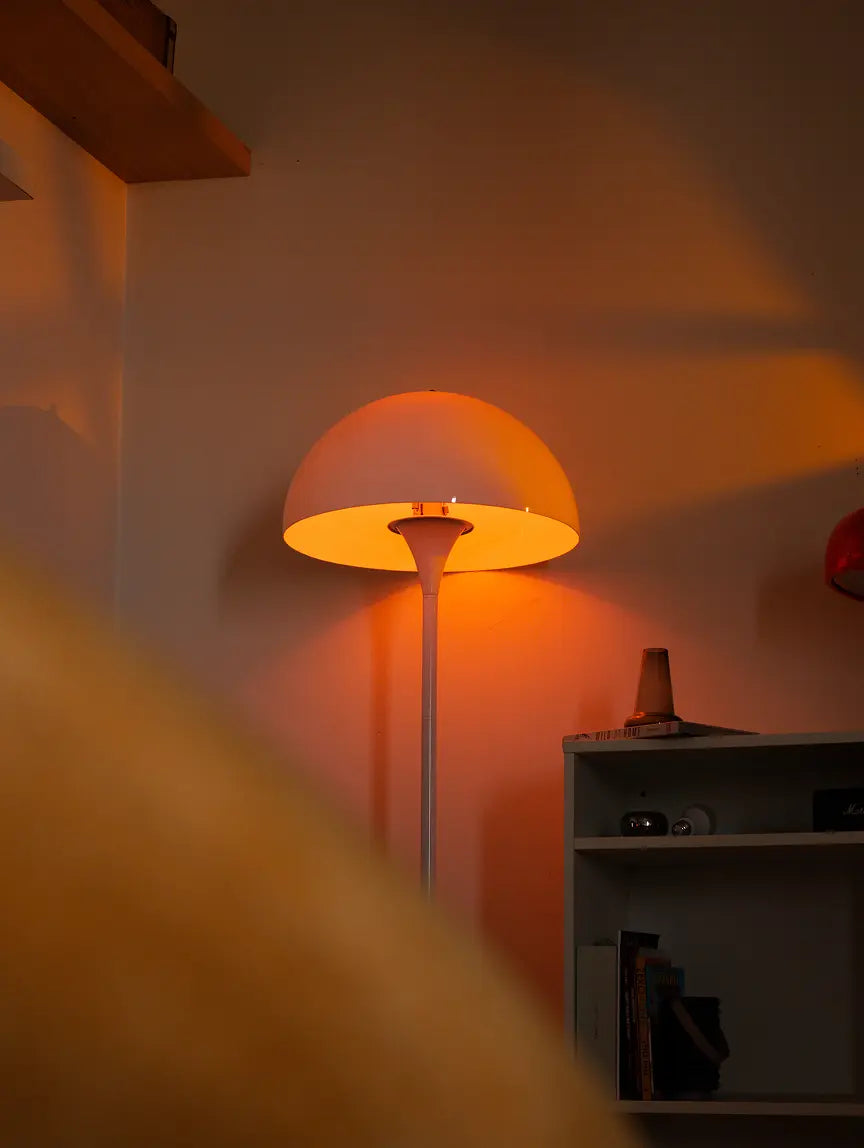 Nova white floor lamp with a dome shade casting warm light beside a cabinet